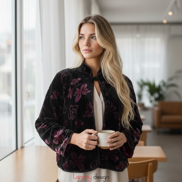 Áo khoác nhung 1 khuy ngắn nhung hoa tím